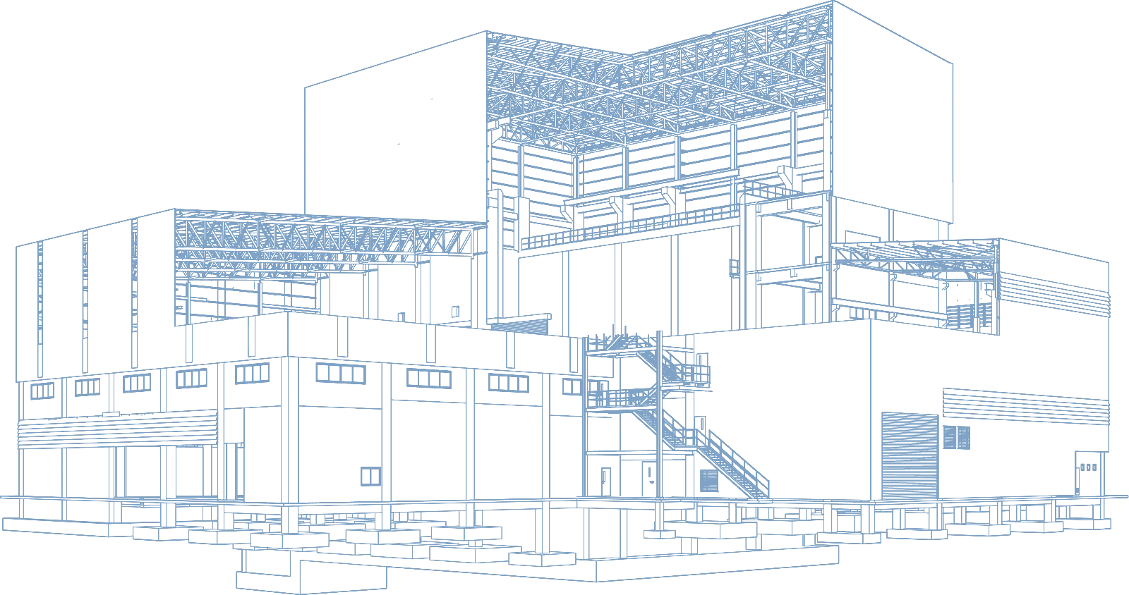 Datum-blue axonometric drawing of an industrial facility