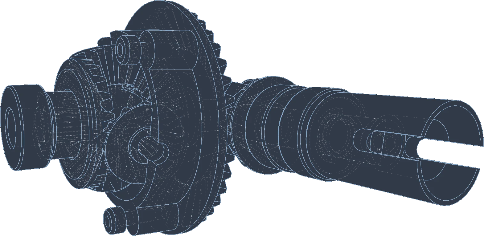 Plated datum-blue cutaway drawing of an industrial gearbox