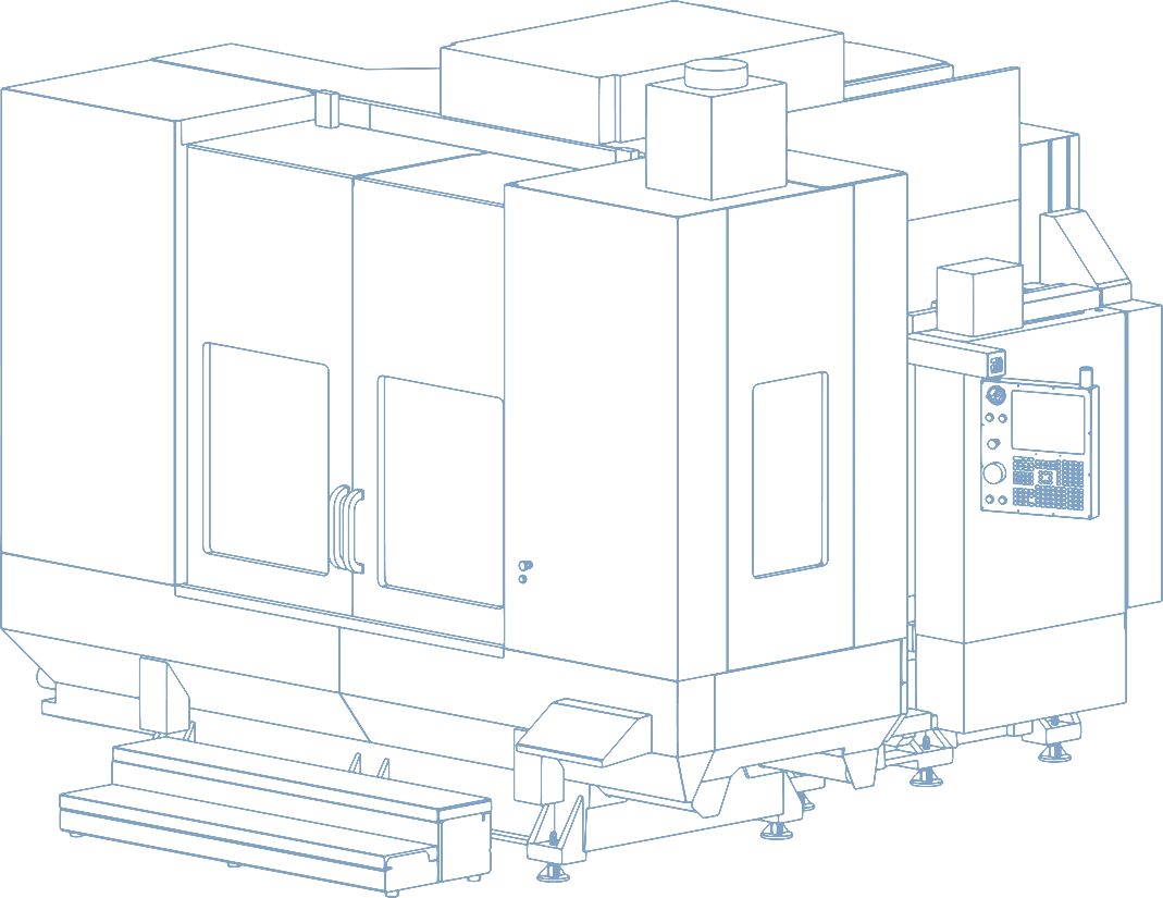 Datum-blue line drawing of a vertical machining center